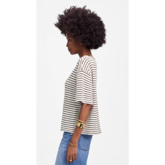 Madewell Textured Stripe Short Sleeve Sweater Top Women White Brown Size Medium - Picture 3 of 10